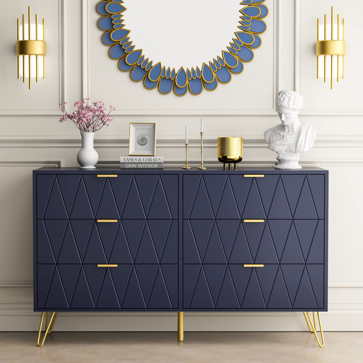 Navy 3 Pcs Bedroom Sets, Large 6 Drawer Dresser and Night Stand