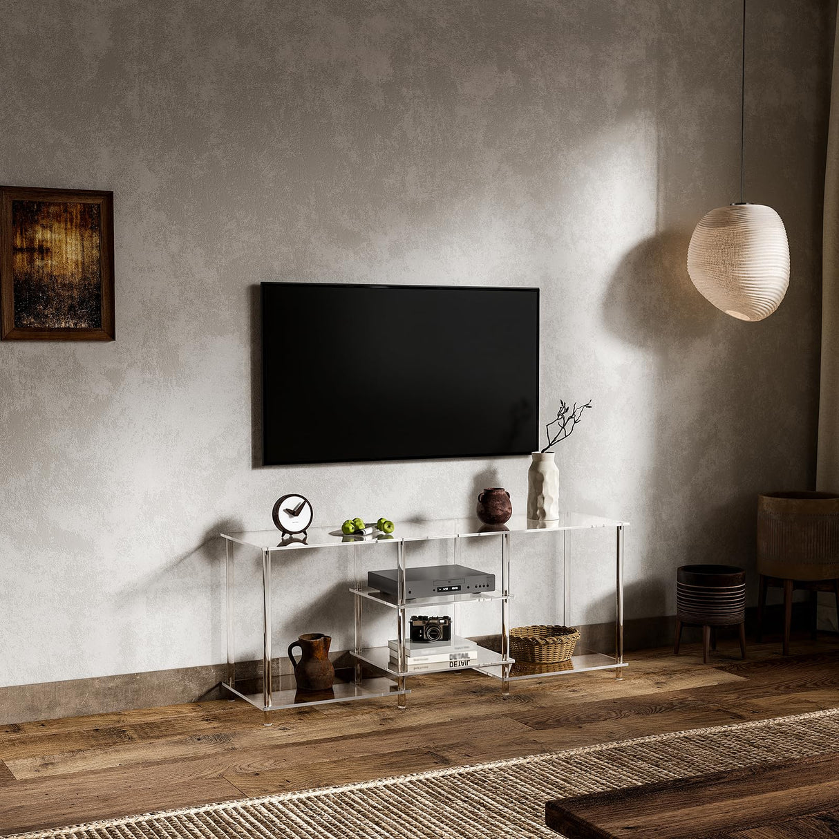 Acrylic 55" TV Stand – 3-Tier Entertainment Center with Clear Storage Shelves