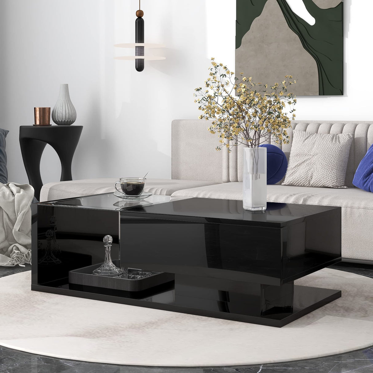 Coffee Table, 2-Tier Rectangular Coffee Table with Tempered Glass, Modern Cocktail Table