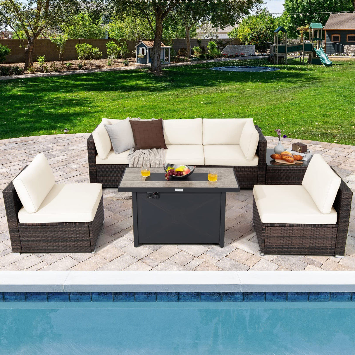 7 Piece Patio Furniture Set with Fire Pit Table, Includes 42 Inches 60