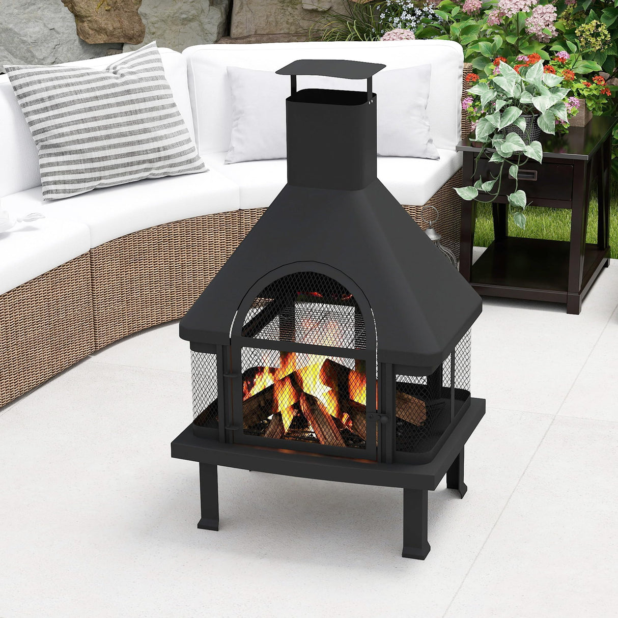 Chiminea Outdoor Fireplace,360-Degree Flame View Outdoor Wood Burning Fire Pit