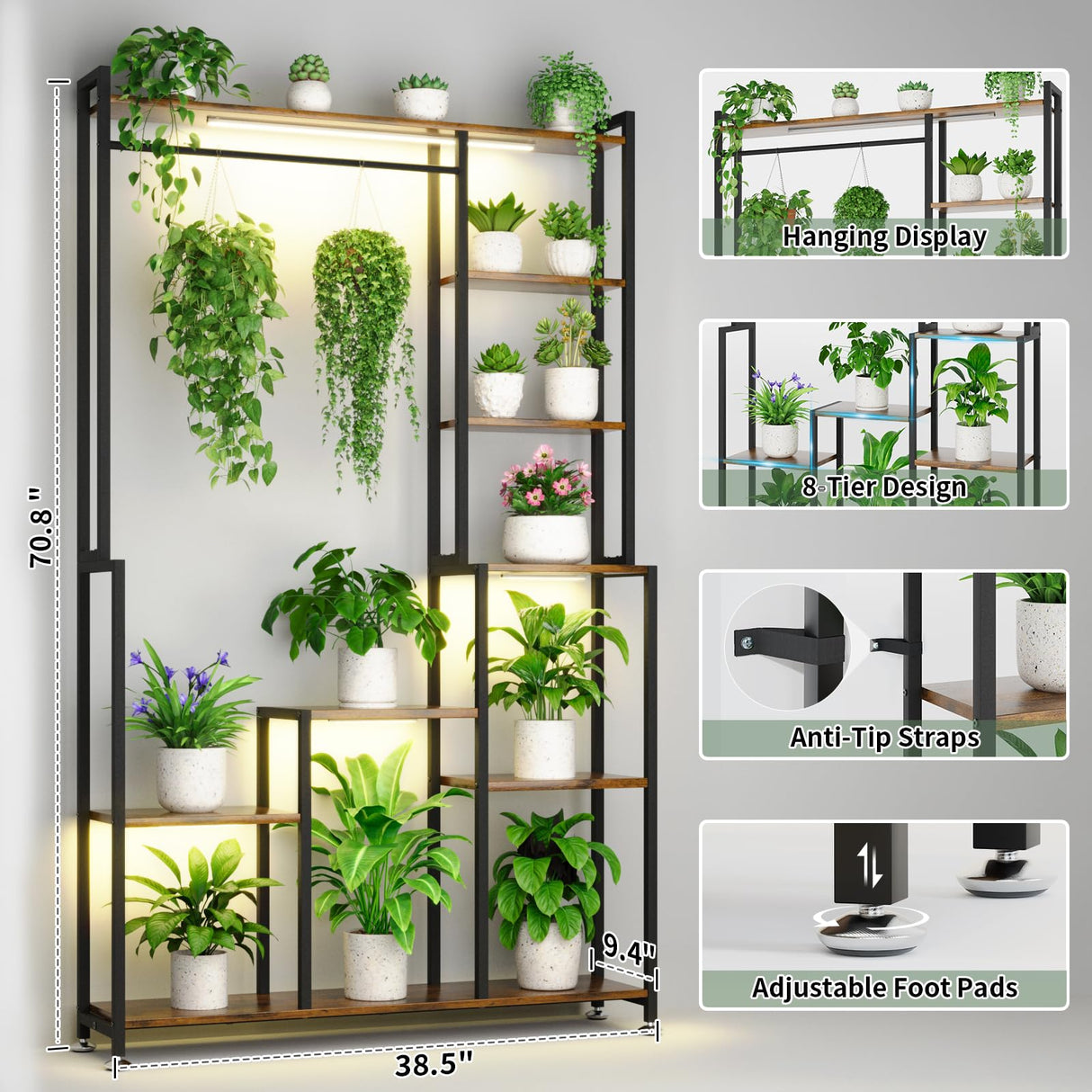 Tall 8-Tier Plant Stand with Grow Lights - Indoor Metal Display Shelf