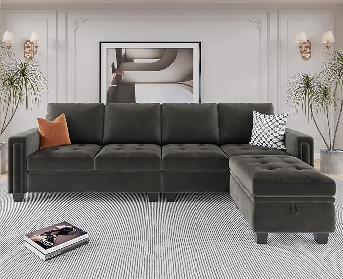 Velvet Reversible Sectional Sofa with Chaise Convertible L Shaped 4-seat Sectional