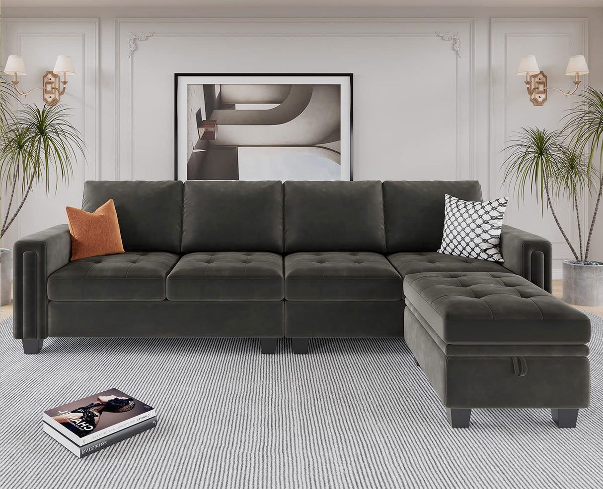 Velvet Reversible Sectional Sofa with Chaise Convertible L Shaped 4-seat Sectional
