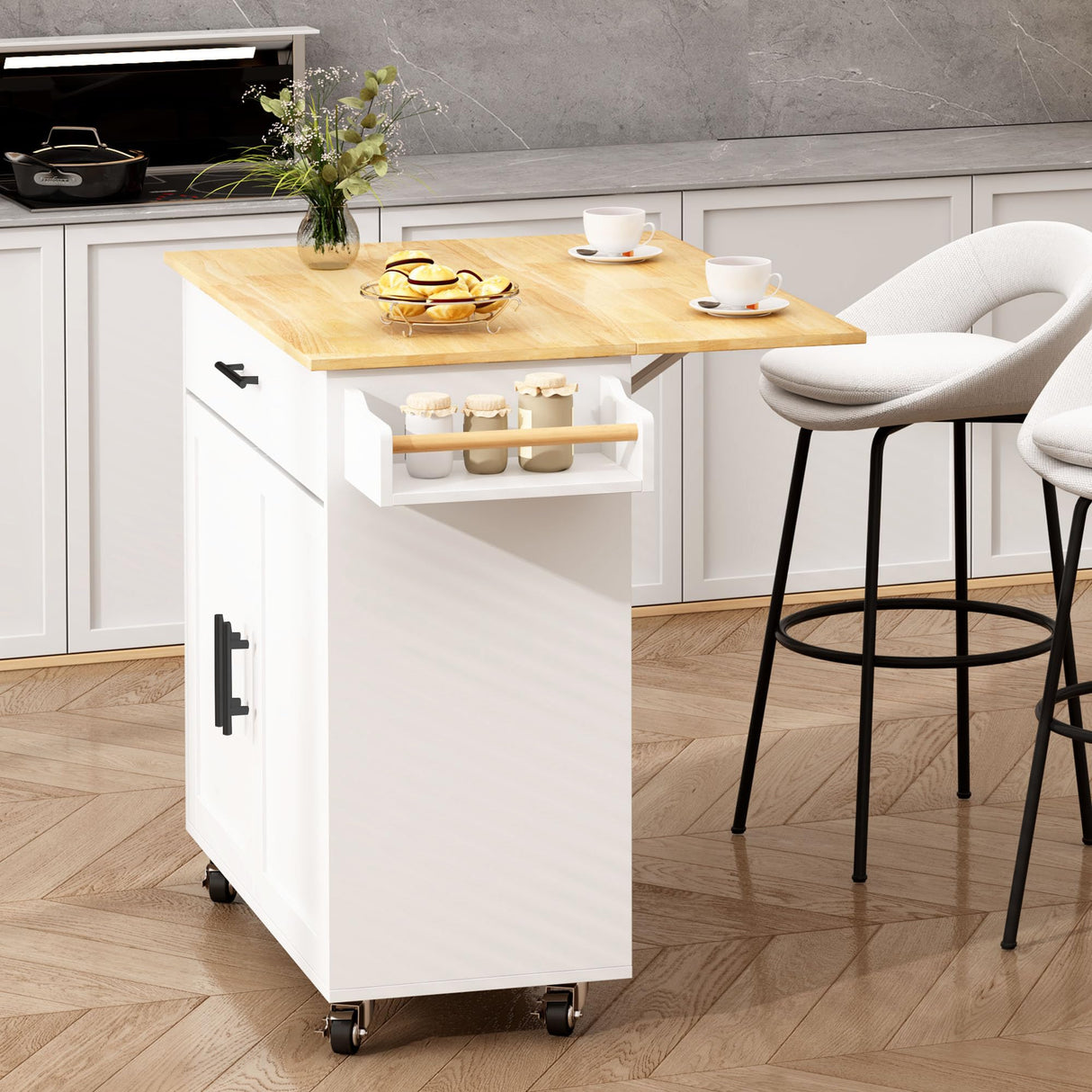 Rolling Kitchen Island on Wheels with Drop Leaf, Kitchen Cart with A Drawer and Cabinet