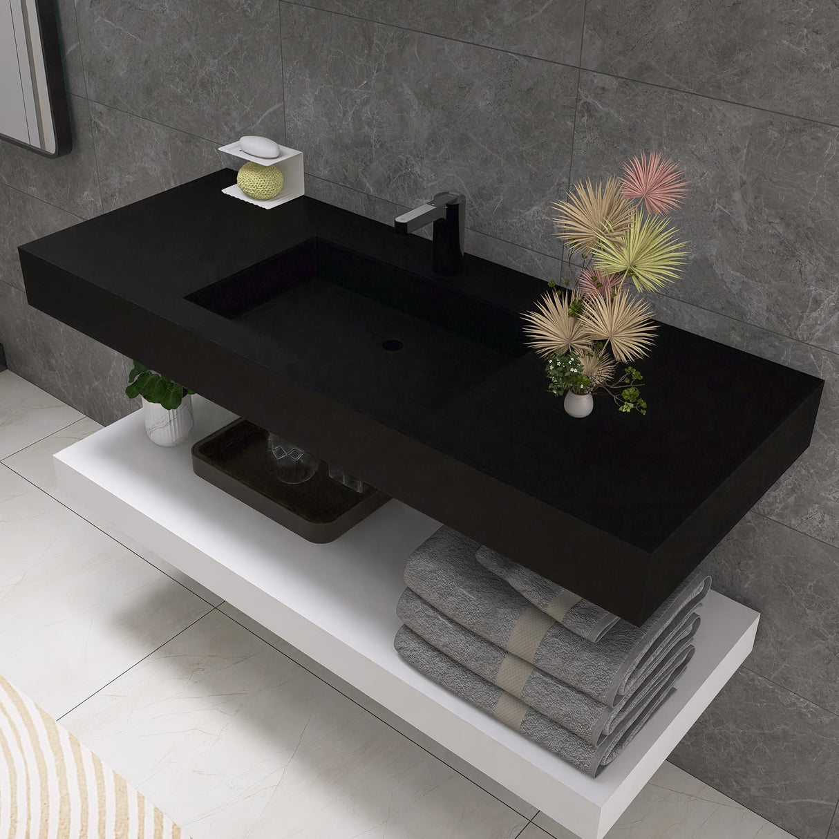 47"x19" Wall Mount Bathroom Vanity ,Bathroom Vanities with Sink Black Stone Resin