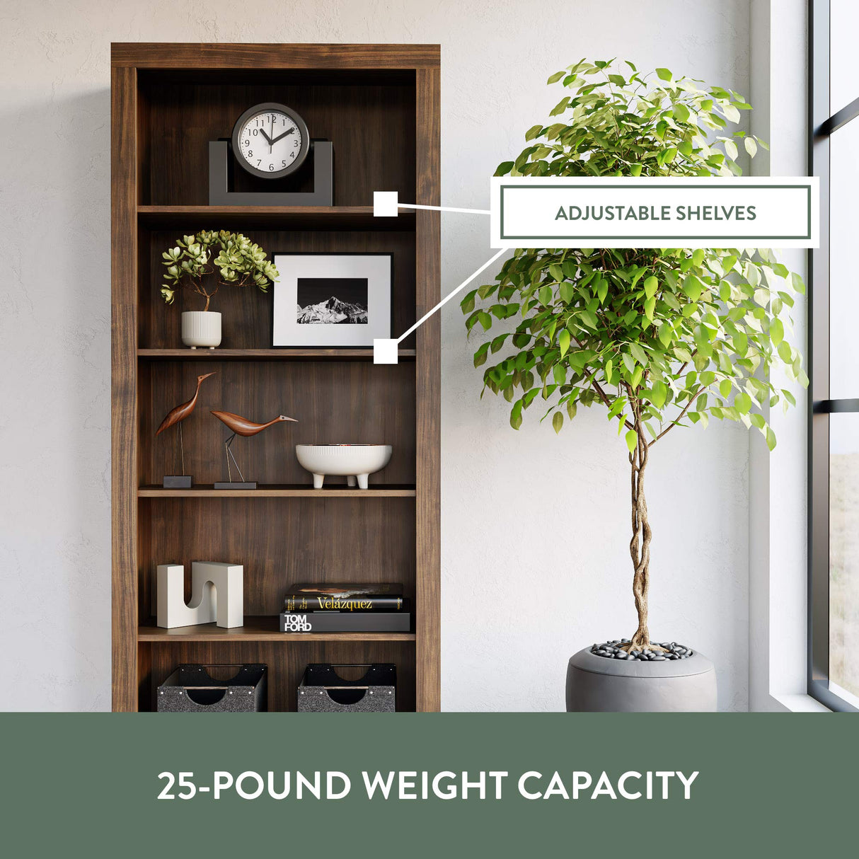 Sumac Bookcase, 5-Shelf Organizer for Bedroom Furniture or Home Office Furniture