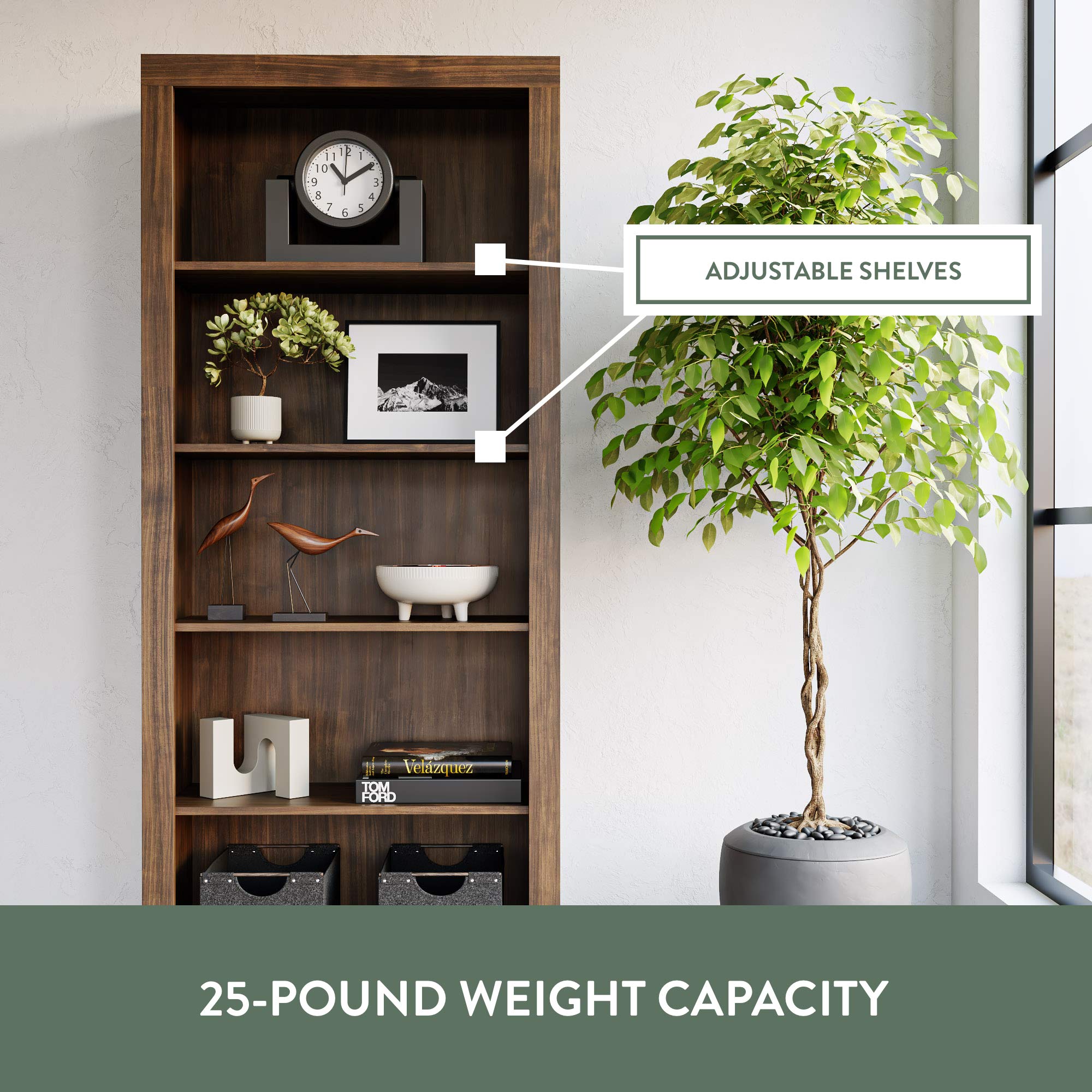 Sumac Bookcase, 5-Shelf Organizer for Bedroom Furniture or Home Office Furniture