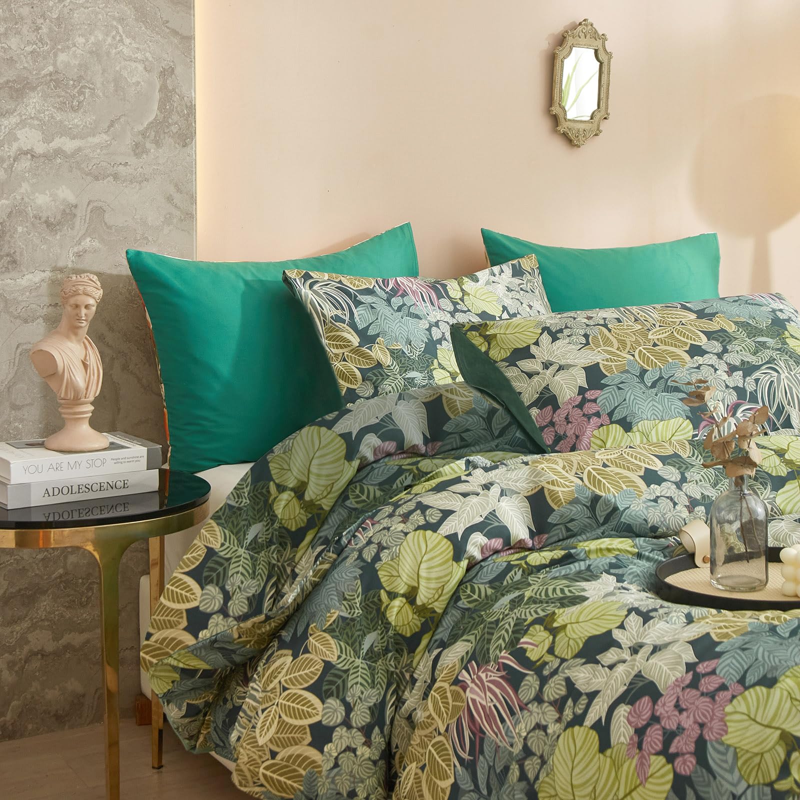 Green Leaves King Size Comforter Set, Soft Fluffy Botanical Floral Bedding Set for Women