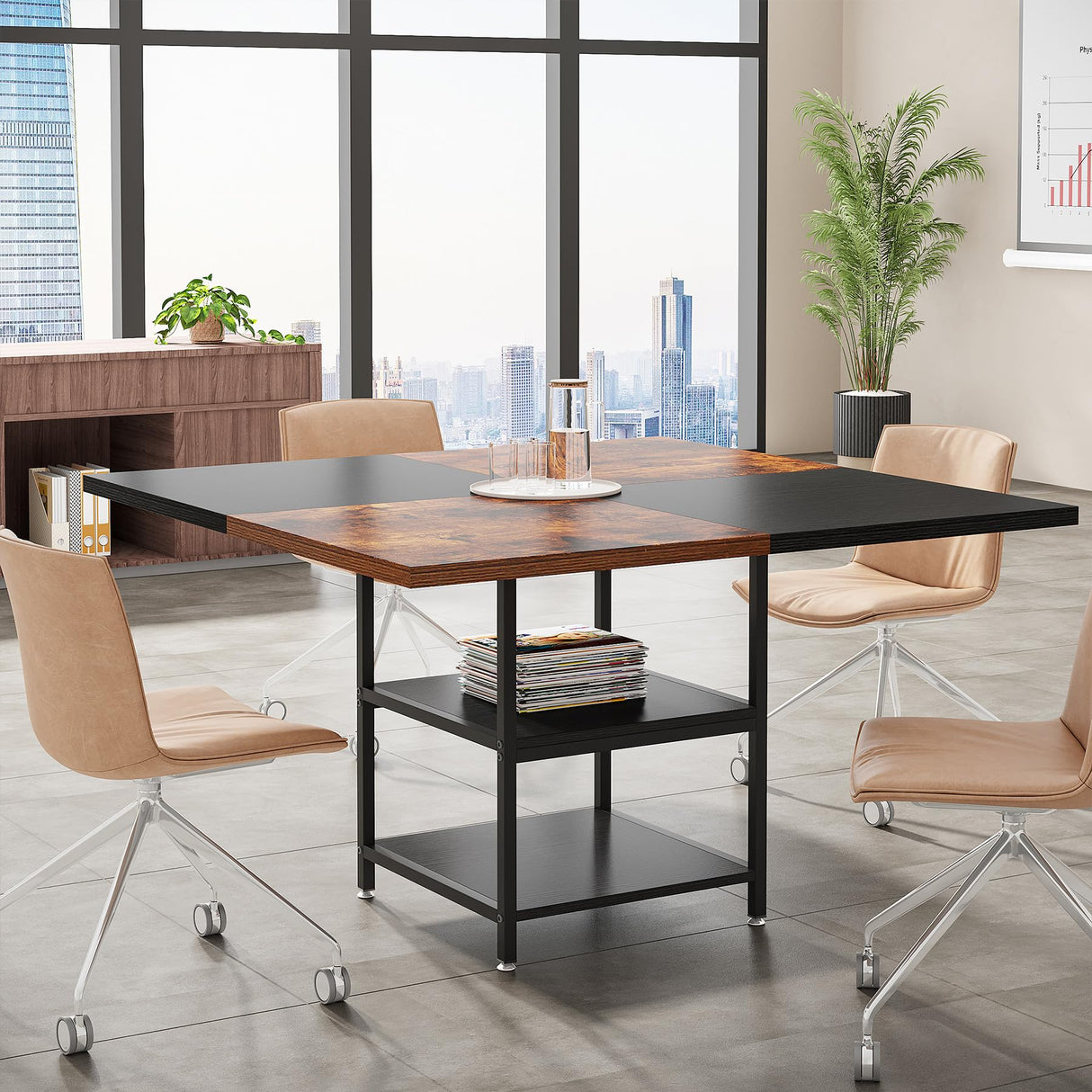 47-Inch Square Conference Table for 4-6 People, Wood Meeting Room Table