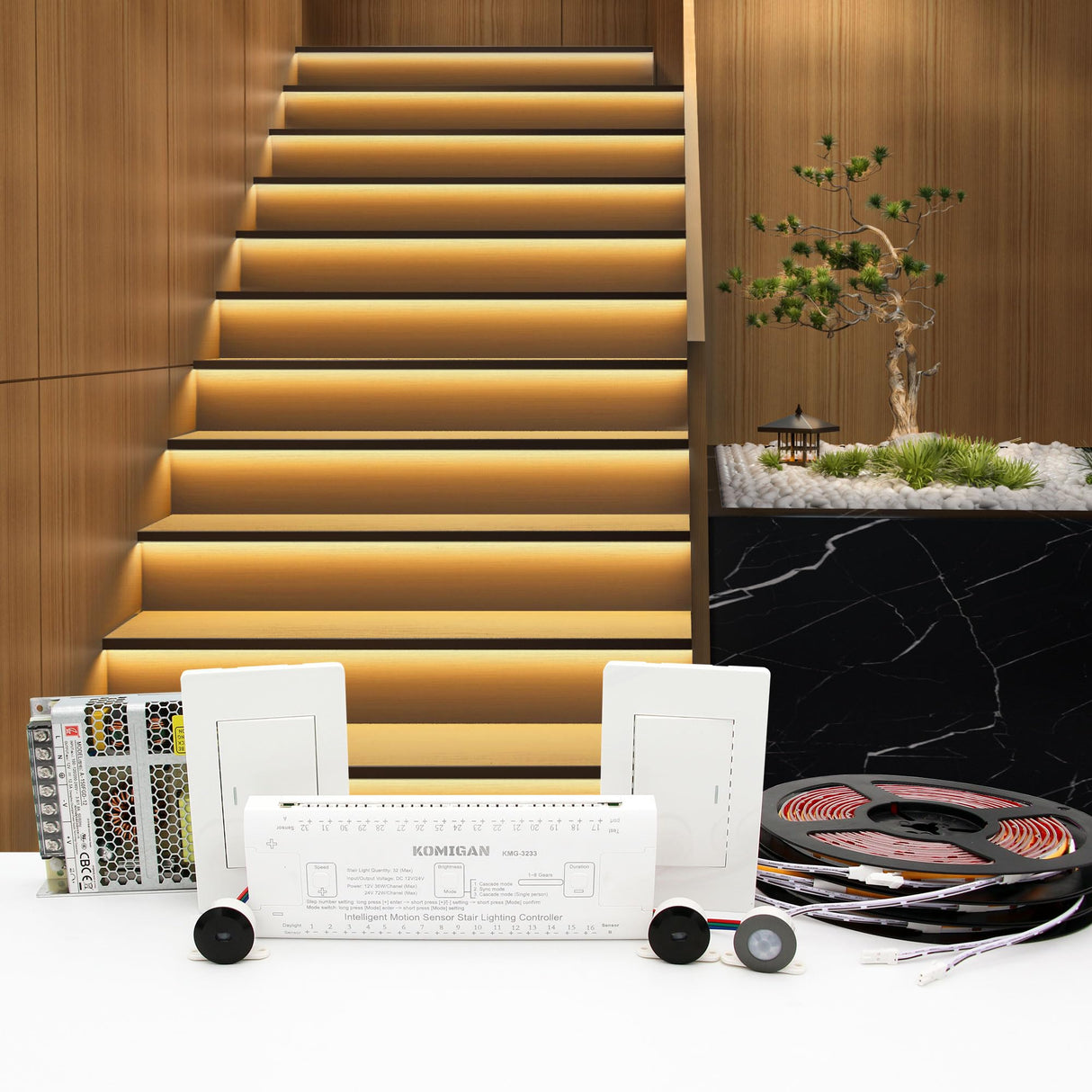 KMG-3233 Motion-Activated LED Stair Lighting Kit with Wall Switch, 40" Long Cuttable LED