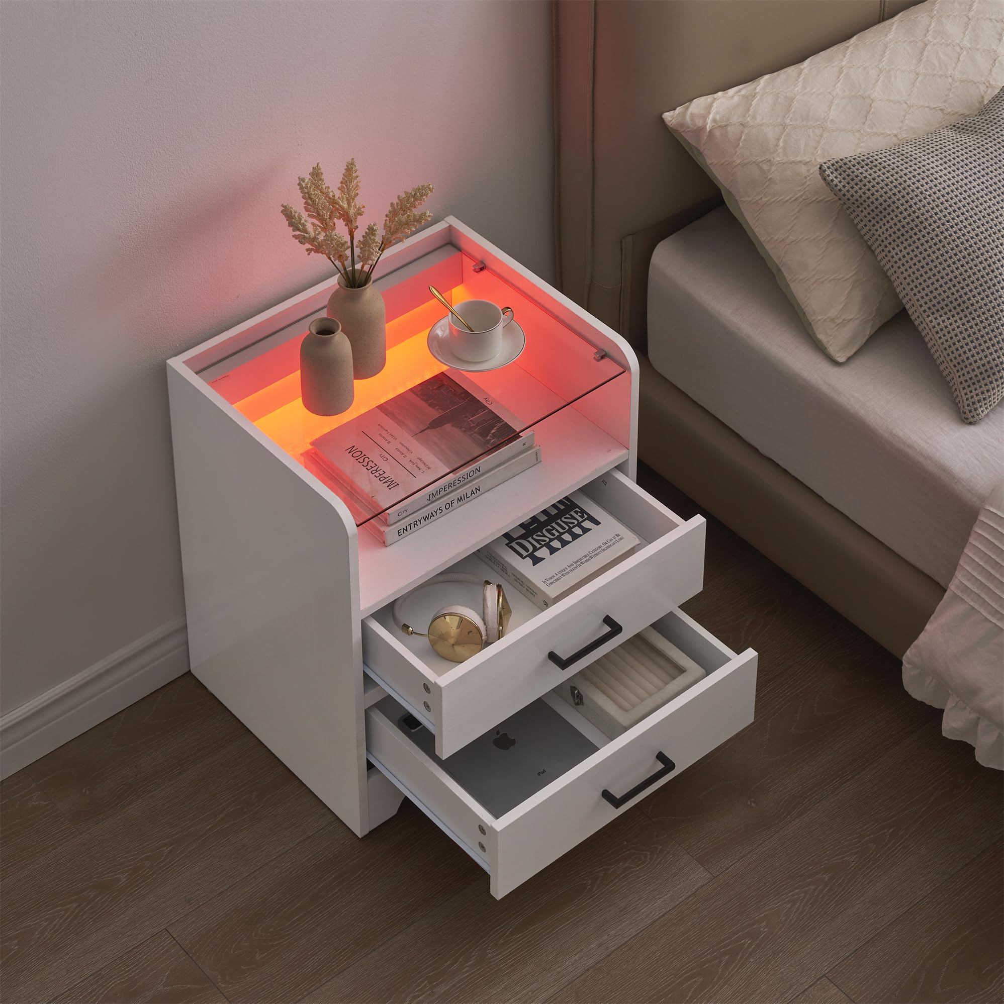 Nightstand Set of 2, LED Night Stand with 2 Drawers