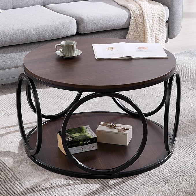 Round Industrial Coffee Table, Modern Round Coffee Table with Storage