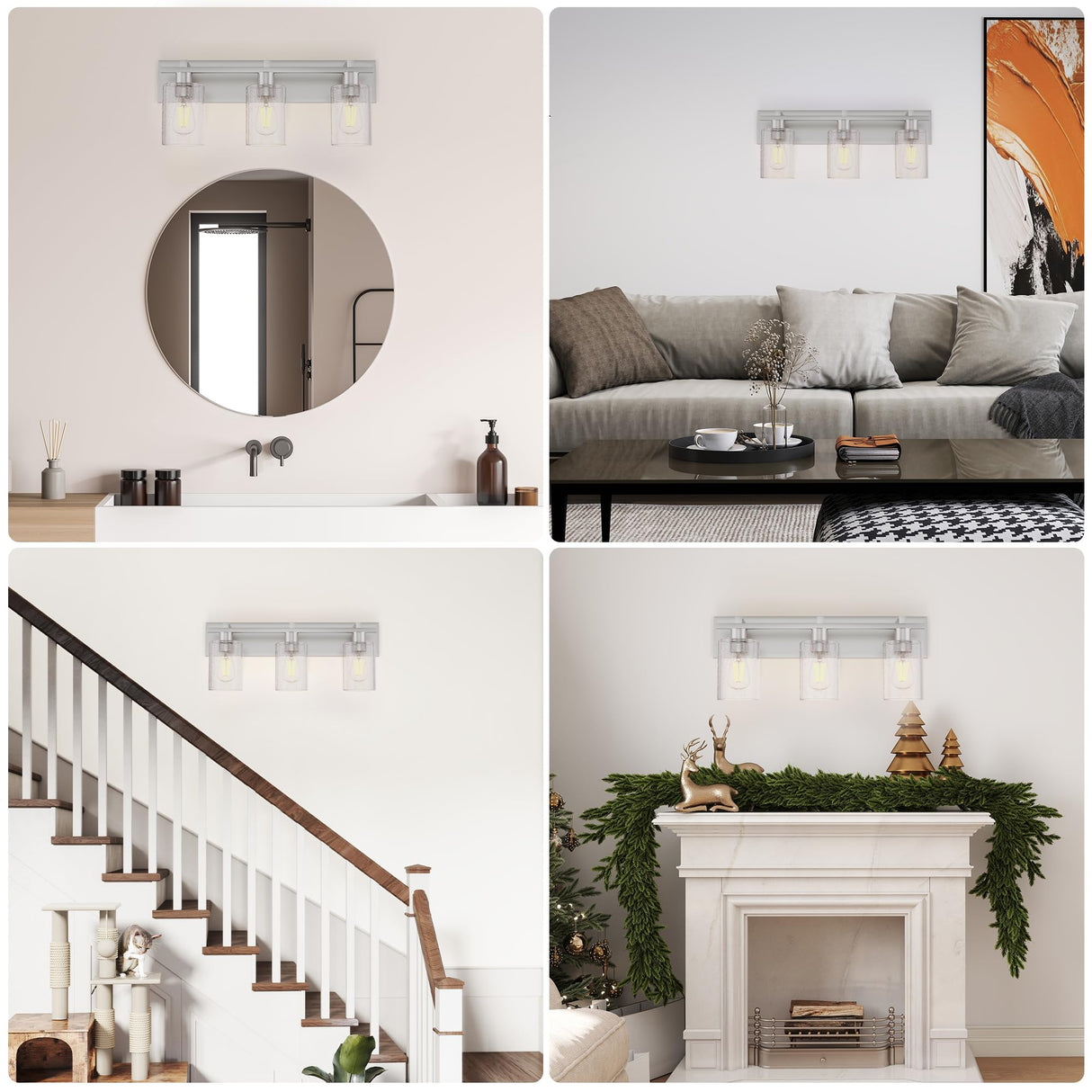 Bathroom Vanity Light, 3 Light Brushed Nickel Bathroom Light Fixture with Thickened Seeded Glass