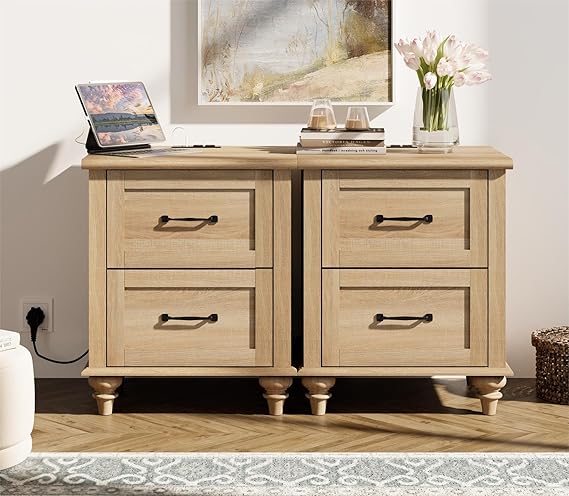 Nightstand Side Table with Charging Station, Light Wood End Table