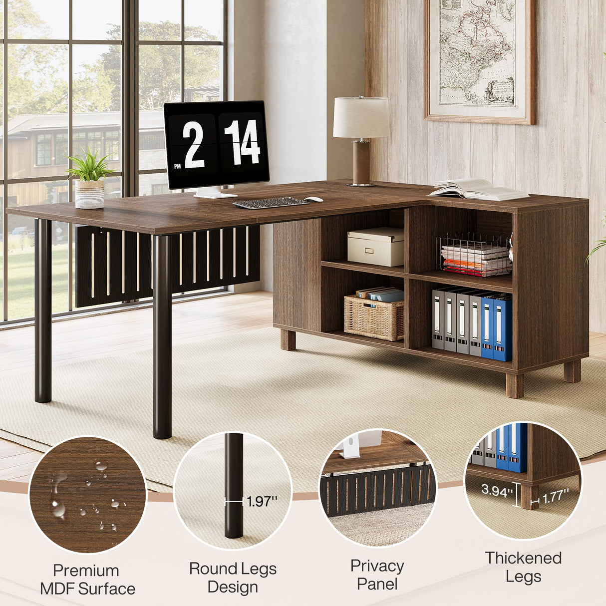 63-Inch L-Shaped Executive Desk, Large Office Desk with Storage Cabinet Shelves, L