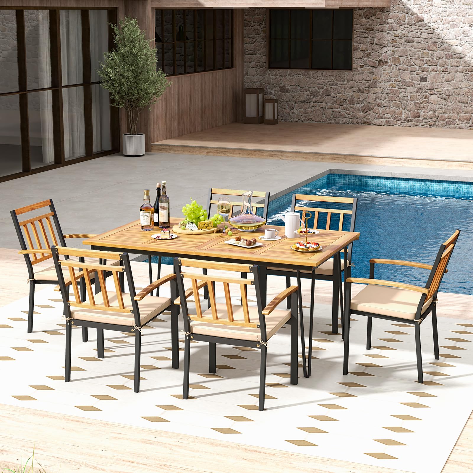 7 Pieces Patio Dining Set with Acacia Wood Dining Table & Armchairs, Soft Cushions, 2”