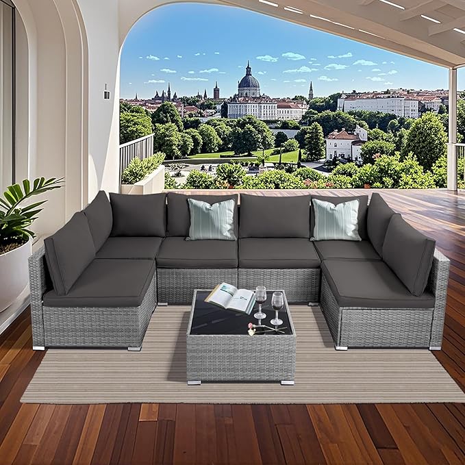 7 Pieces Outdoor Sectional Furniture Set, Patio Wicker Sectional Sofa Couch