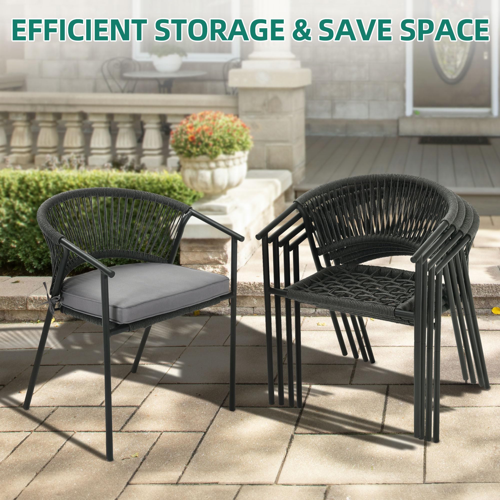 7 Piece Patio Dining Set, Stackable Chairs with Comfortable Cushions, 59" Rectangle