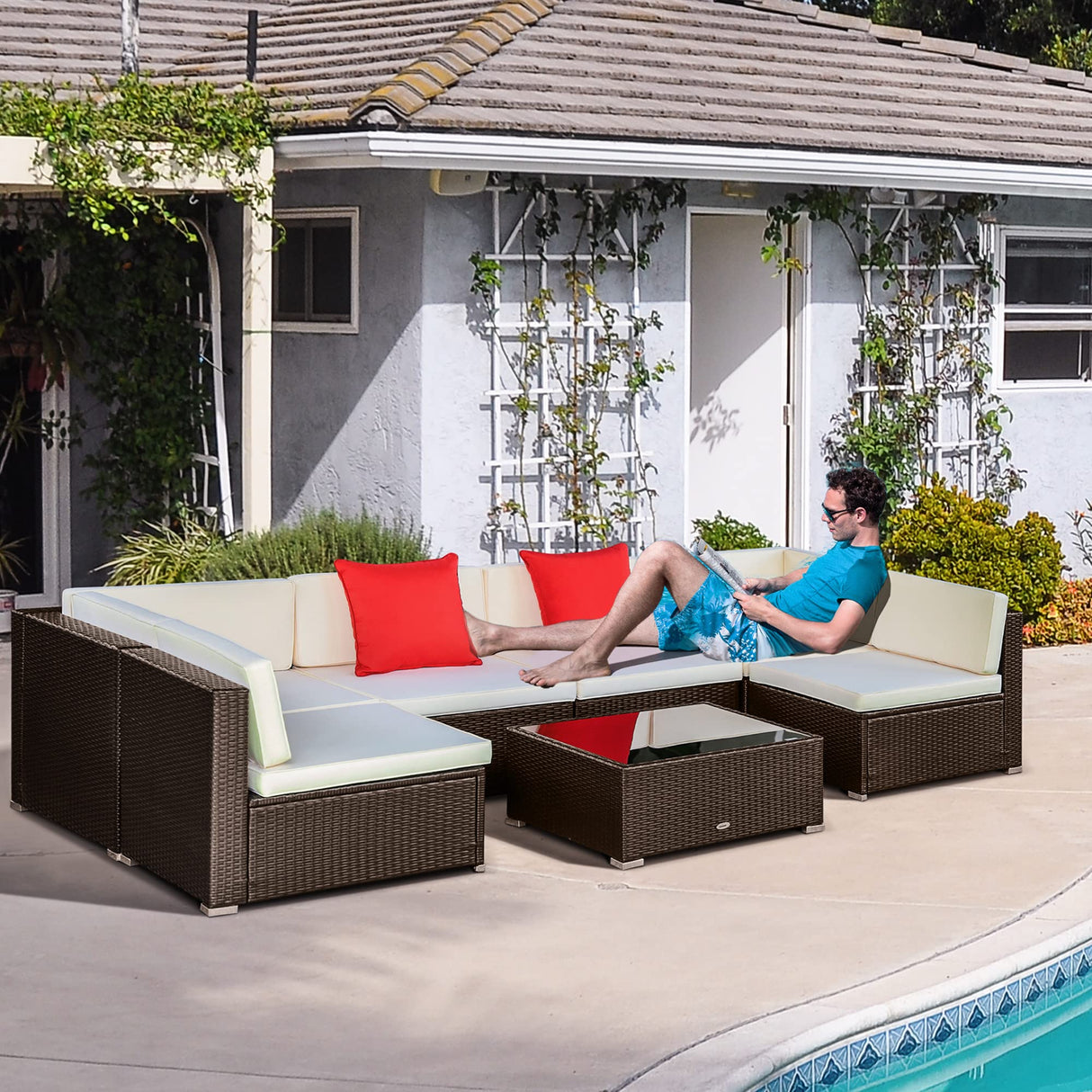 7 Piece Outdoor Patio Furniture Set, PE Rattan Wicker Sectional Sofa Set
