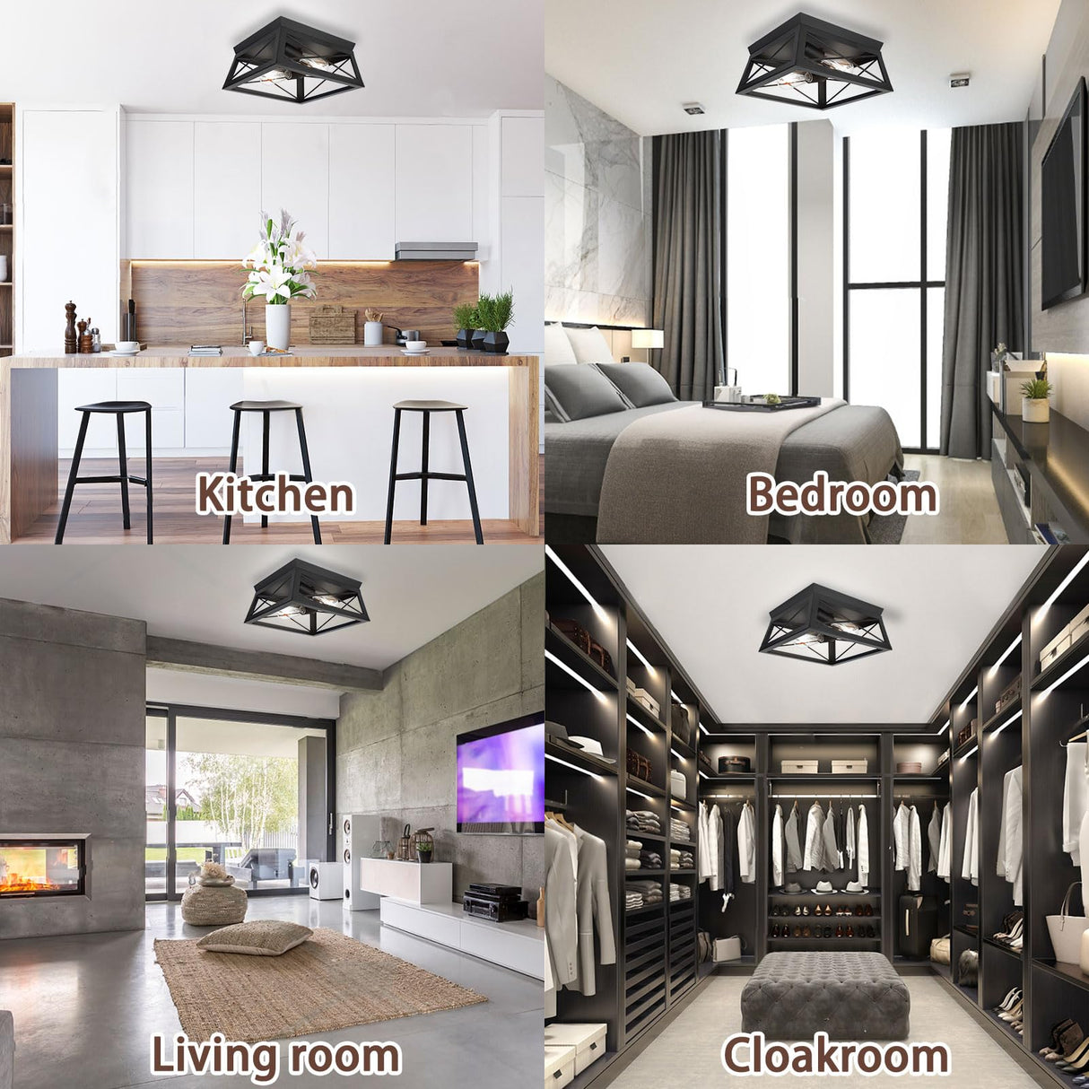 Black Flush Mount Ceiling Light, 2 Bulb Farmhouse Ceiling Light Fixture