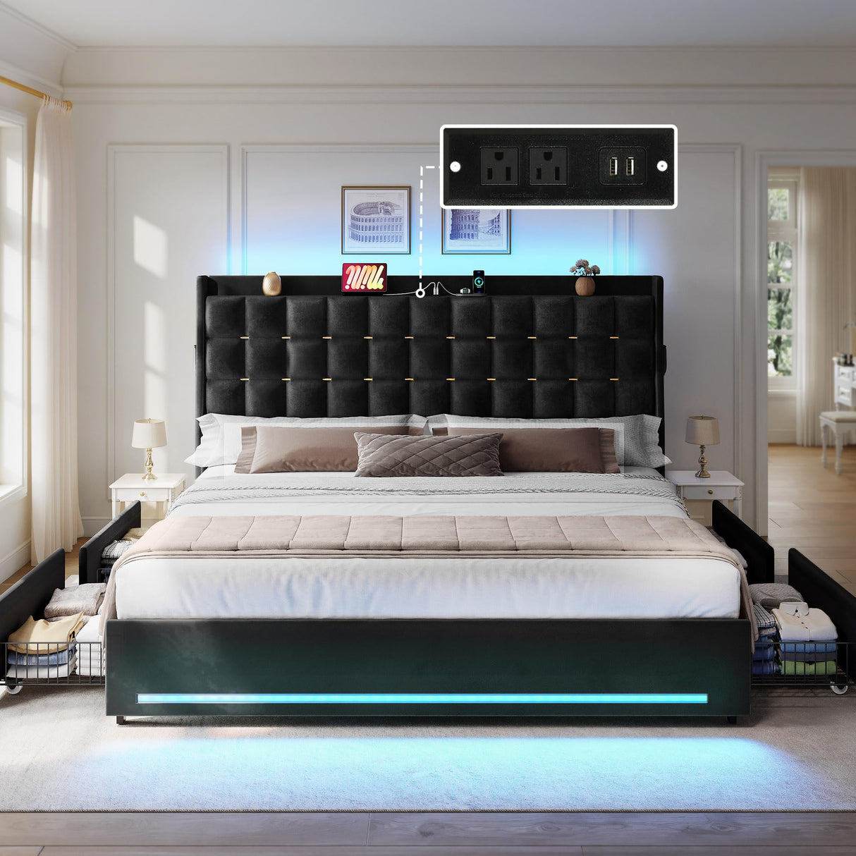 King Size Velvet Platform Bed Frame with LED Lights & Storage Drawers