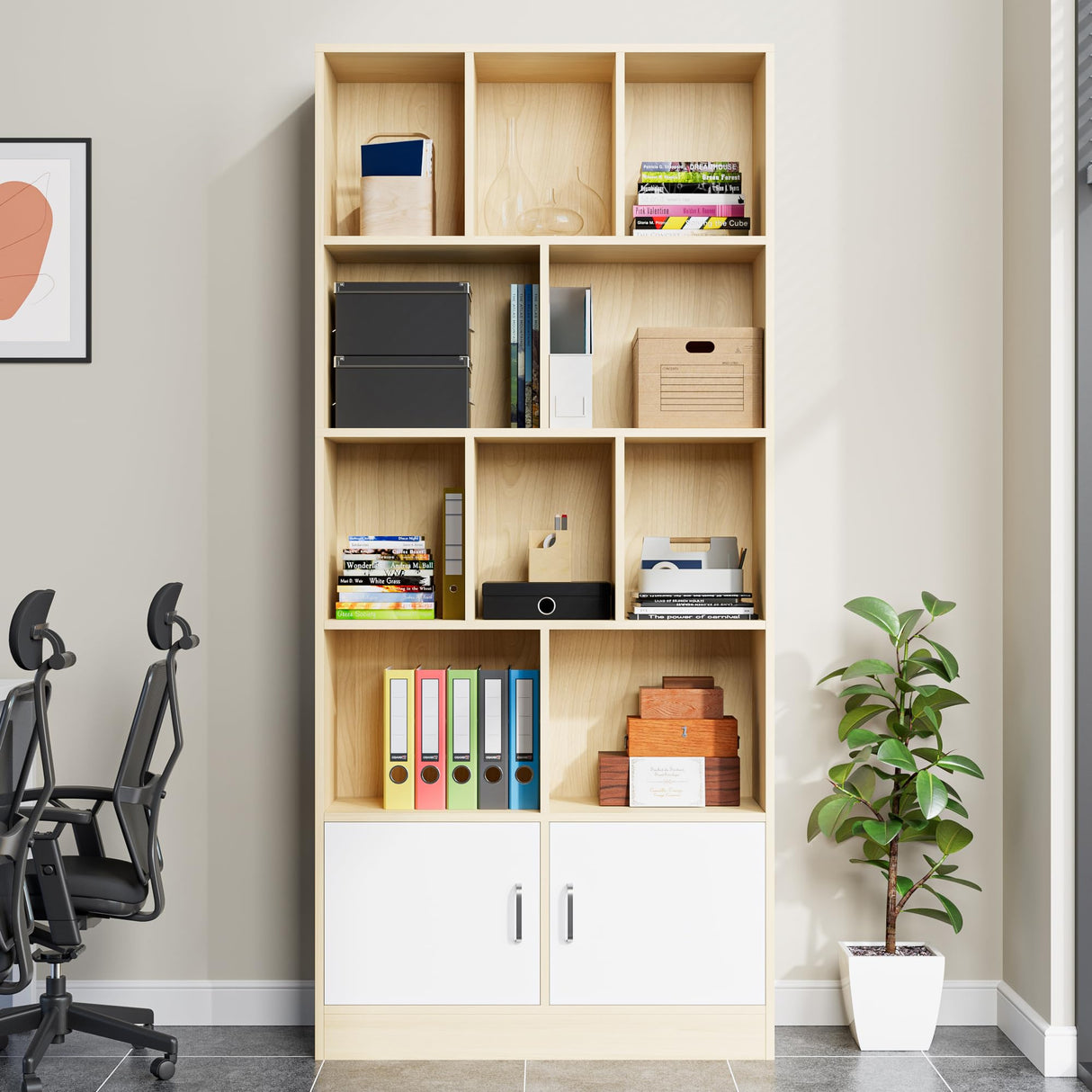 Castle 70" Tall Bookshelf with 12 Cubes and 2 Doors, 4-Tier Open Shelf Bookcase with Cabinet, Modern Cube Storage Organizer for Living Room, and Office, Oak & White