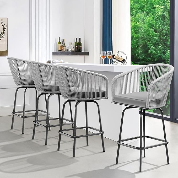 Outdoor Wicker Bar Stools Set of 2, Patio Wicker Counter Stools with Armrest & Backrest