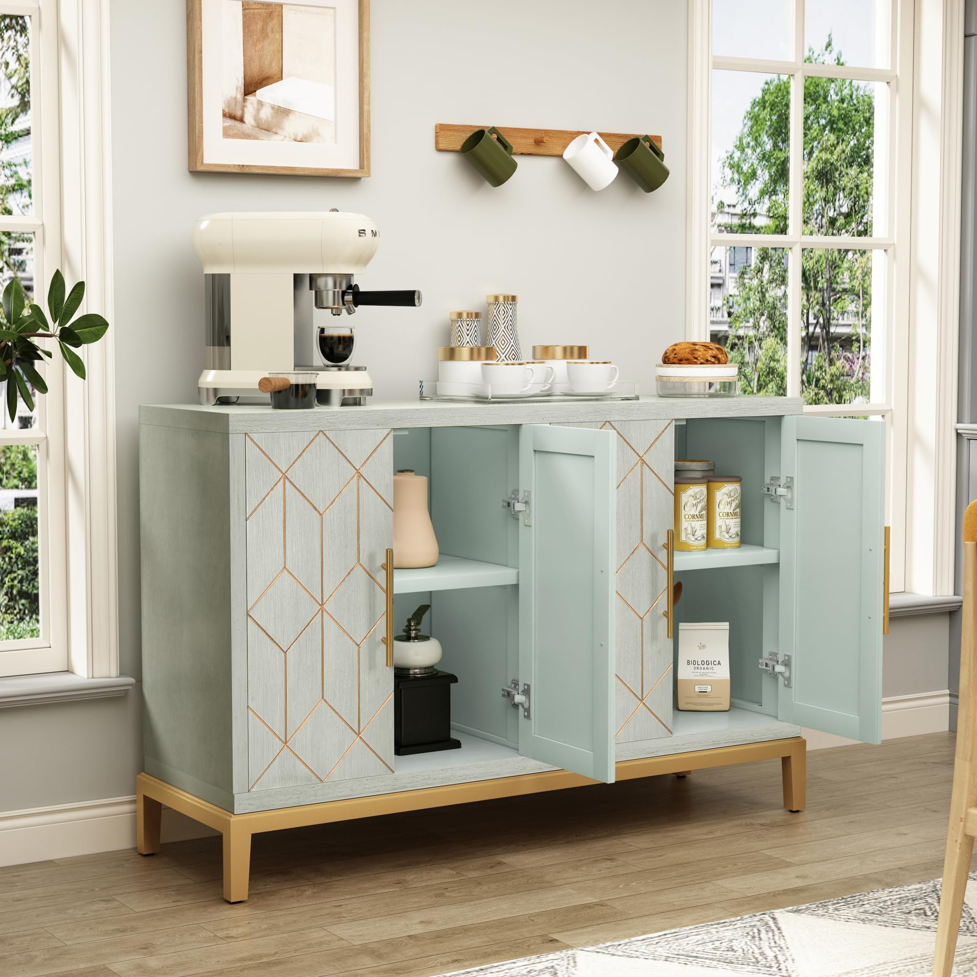 Accent Cabinet with 4 Doors, Modern Credenza Storage Cabinet