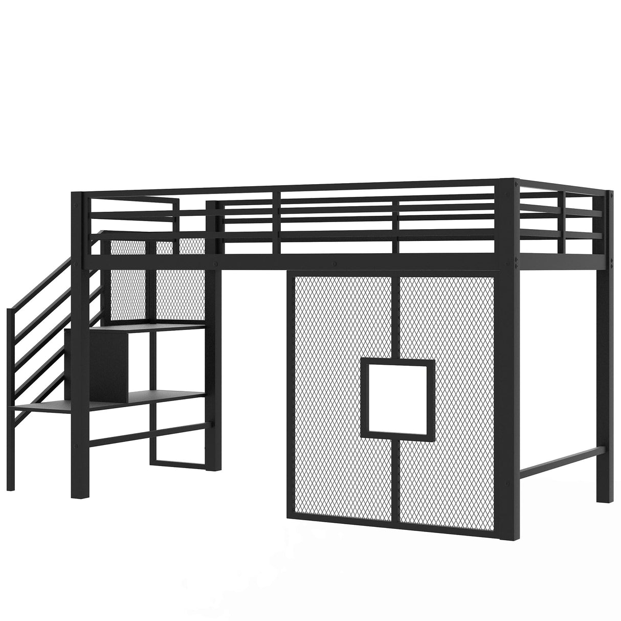 Twin Size Metal Low Loft Bed Frame with Storage Staircase and Iron mesh, Black