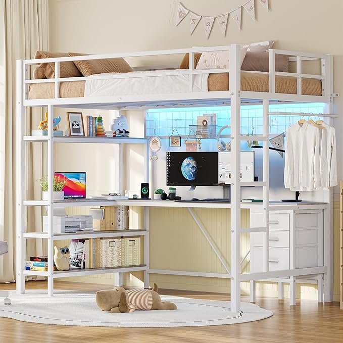 L-Shaped Desk and Storage Shelves, Metal Loft Bed Frame with Power Outlet, LED Lights,