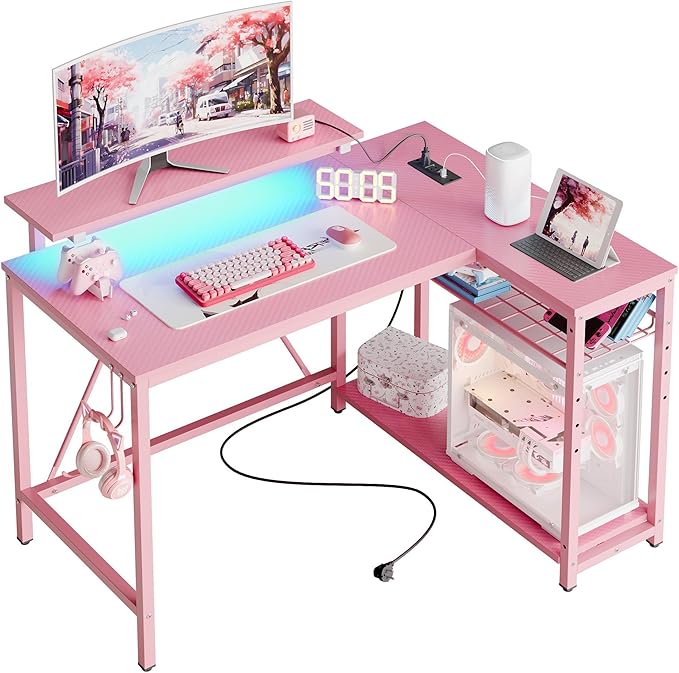 Gaming Desk with Power Outlets, 42" L-Shaped Gaming Desk with LED Lights