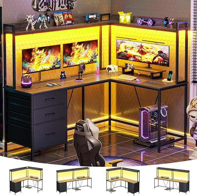 L Shaped Gaming Desk with Shelves, Reversible Computer Desk with Power Outlet & LED