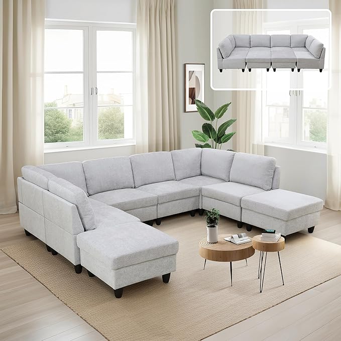 Versani Oversized U-Shaped Modular Sectional Couch – 8-Seater, Flannel Upholstery
