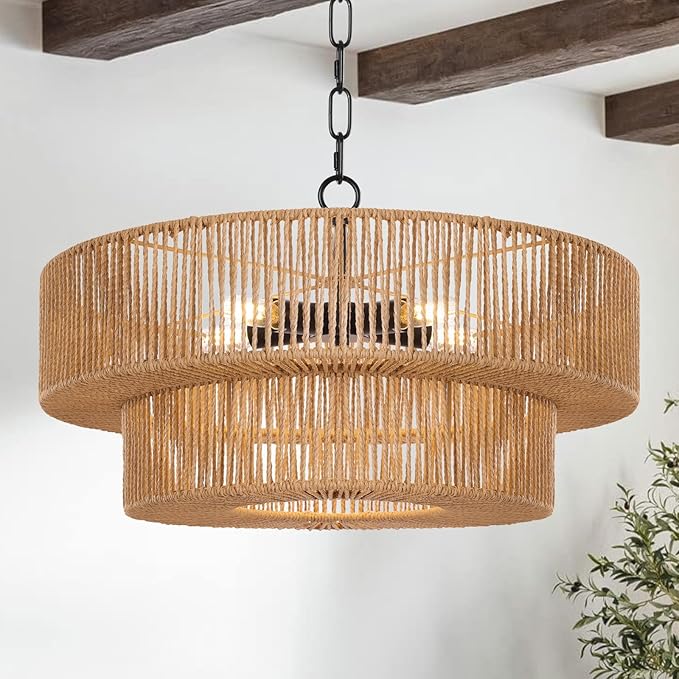 LamQee 22 Inch Farmhouse Rattan Chandeliers for Dining Room, 5 Lights Boho Chandelier Light Fixture with Hand Woven Wicker Shade, Large Rattan Pendant Lights Ceiling Hanging Lighting Kitchen Island