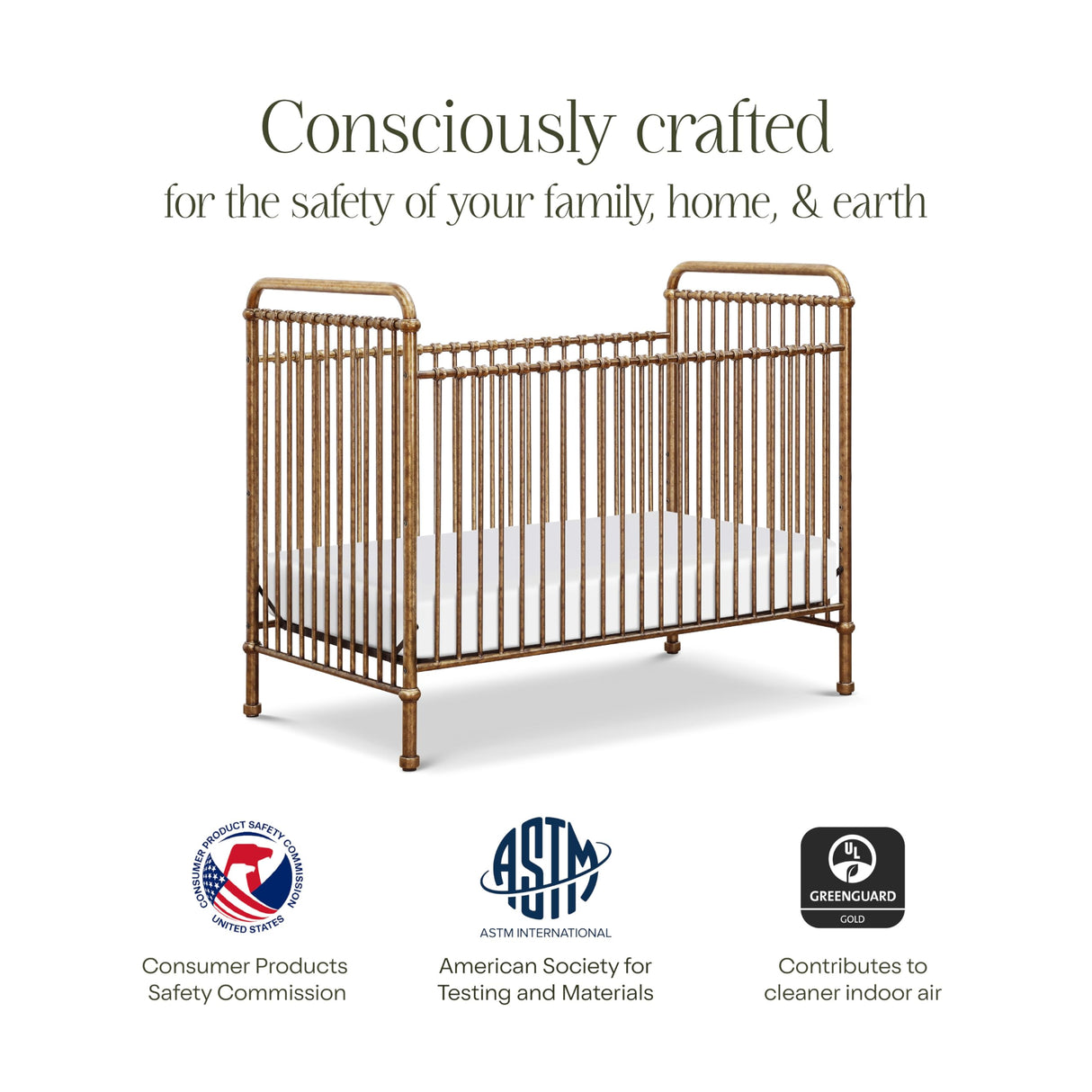 NAMESAKE Abigail 3-in-1 Convertible Baby Crib (Gold) - GREENGUARD Gold Certified - Convertible Crib to Toddler Bed and Daybed - Baby Bed w/ 4 Adjustable Heights - Vintage Baby Crib Convertible