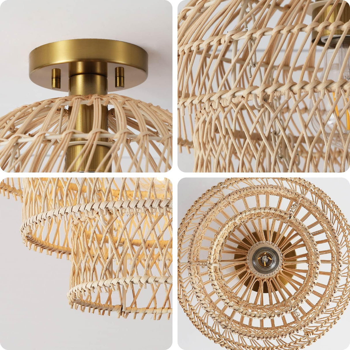 12'' Rattan Ceiling Light Fixtures Boho Chandelier Rattan Semi Flush Mount Ceiling Light