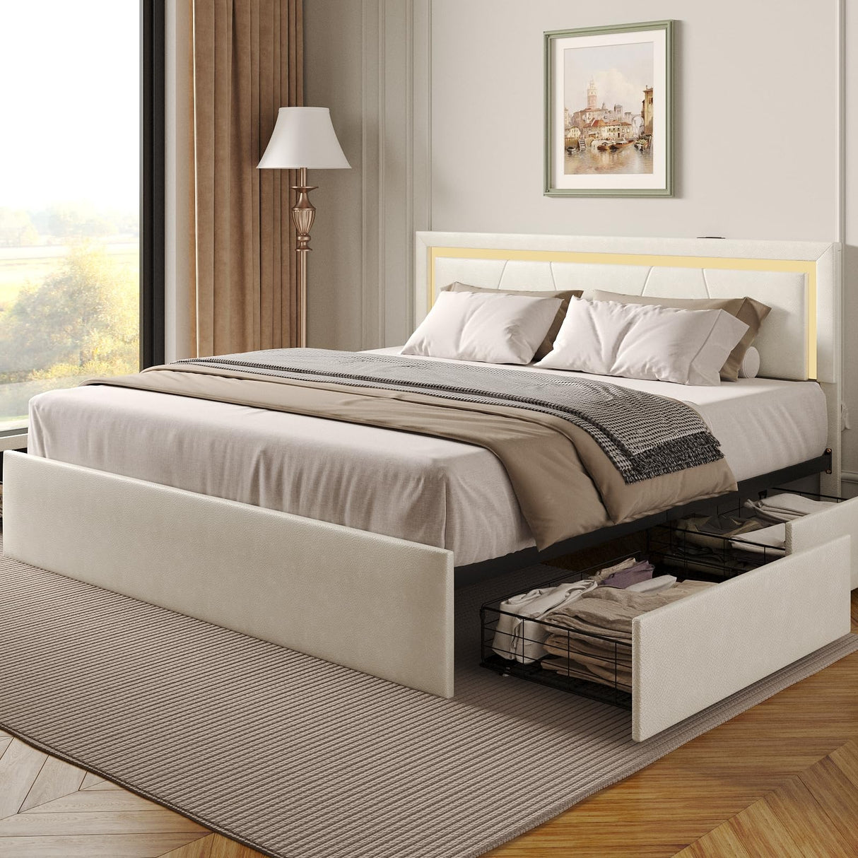Queen Platform Bed with Storage Drawers and LED Lighting