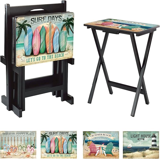 Tuscan Label Vintage TV Tray Table Set – Set of 4 with Stand