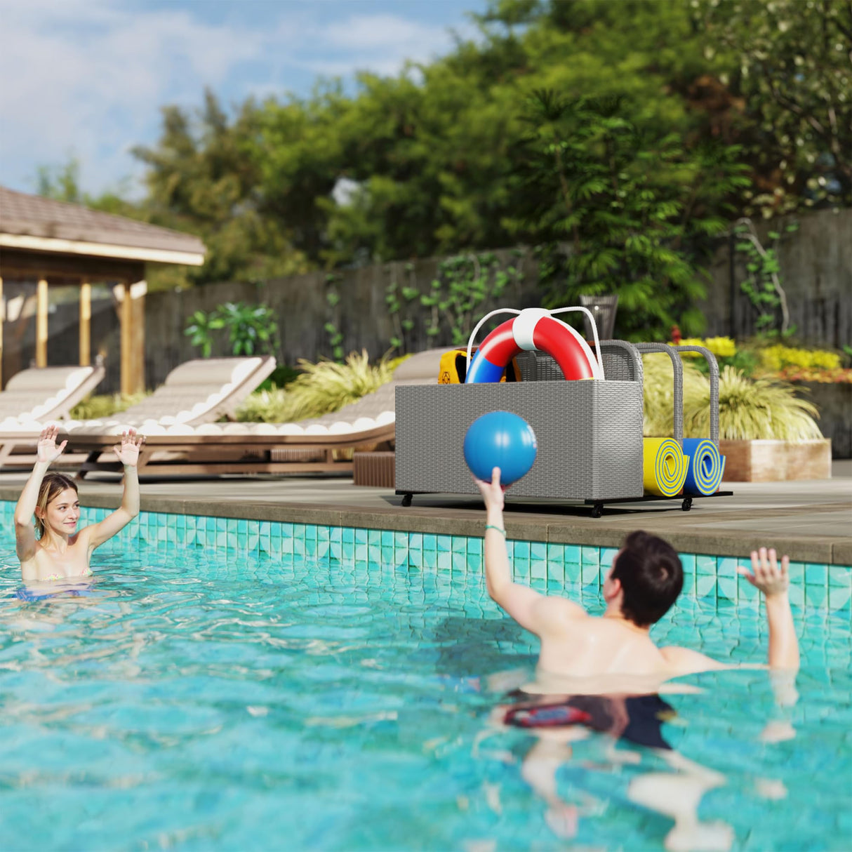 Wicker Patio Pool Float Storage Basket, PE Rattan Outdoor Pool Caddy with Rolling Wheels