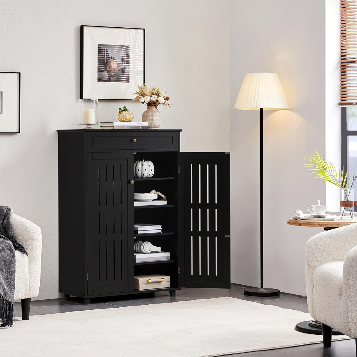 Storage Cabinet Floor Storage Organizer Wooden Cabinet with Drawer 2 Doors for Entryway