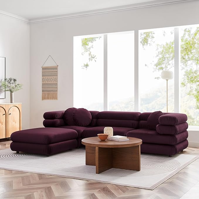 Jubilee Performance Velvet 4 Piece Sectional Sofa with Ottoman in Almond