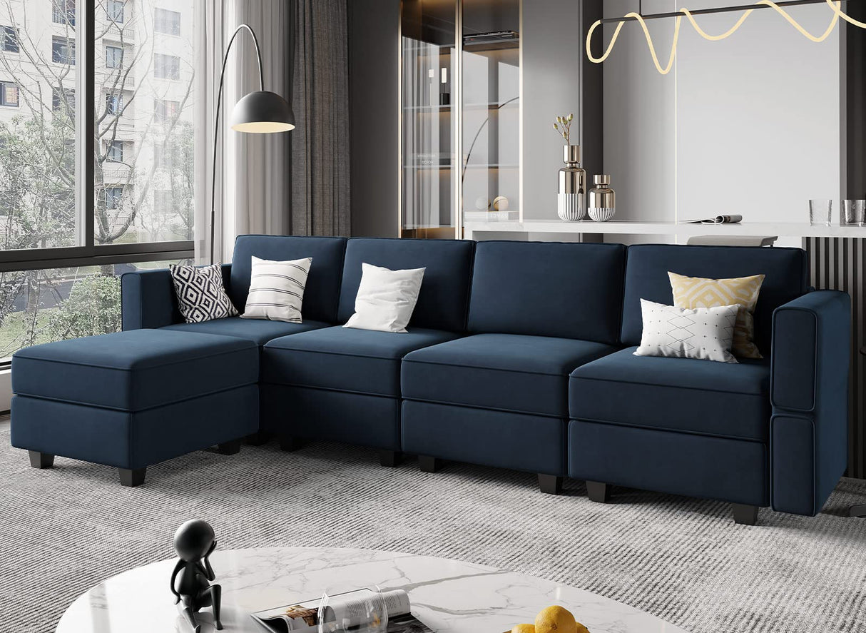 Modular Sectional Sofa Couch with Reversible Chaise Velvet L Shaped Storage 4-seat Convertible Blue…