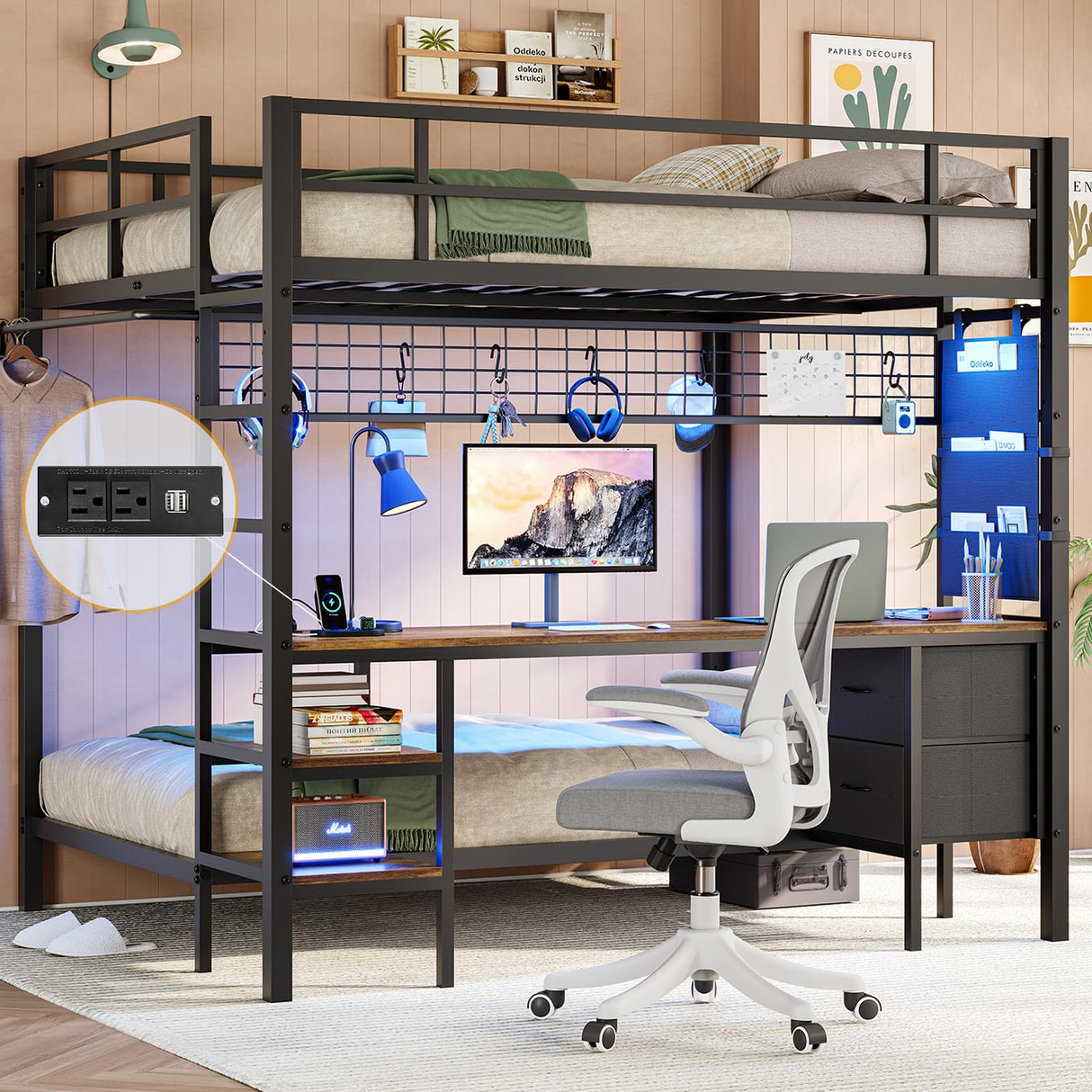 Twin Bunk Bed with Desk and Charging Station Metal Full Size Over Twin Loft Bed with Led Lights & Storage