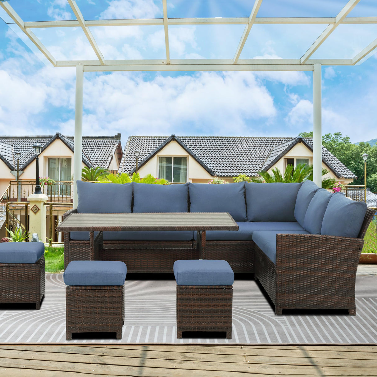 7 Pieces Patio Furniture Set Outdoor Furniture Sectional, High Back Outdoor Patio Dining Table Set