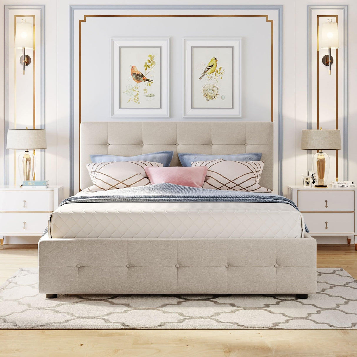 Queen Size Upholstered Platform Bed with 2 Drawers and Trundle