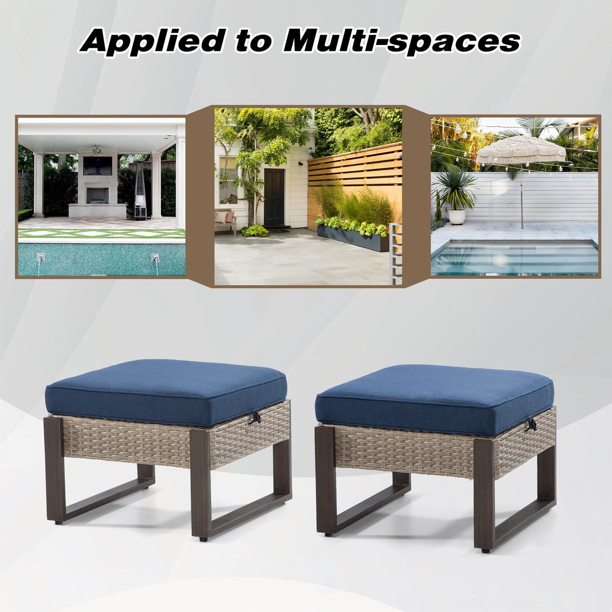 Outdoor Patio, All-Weather PE Rattan Ottomans Footstools with Removable Cushions