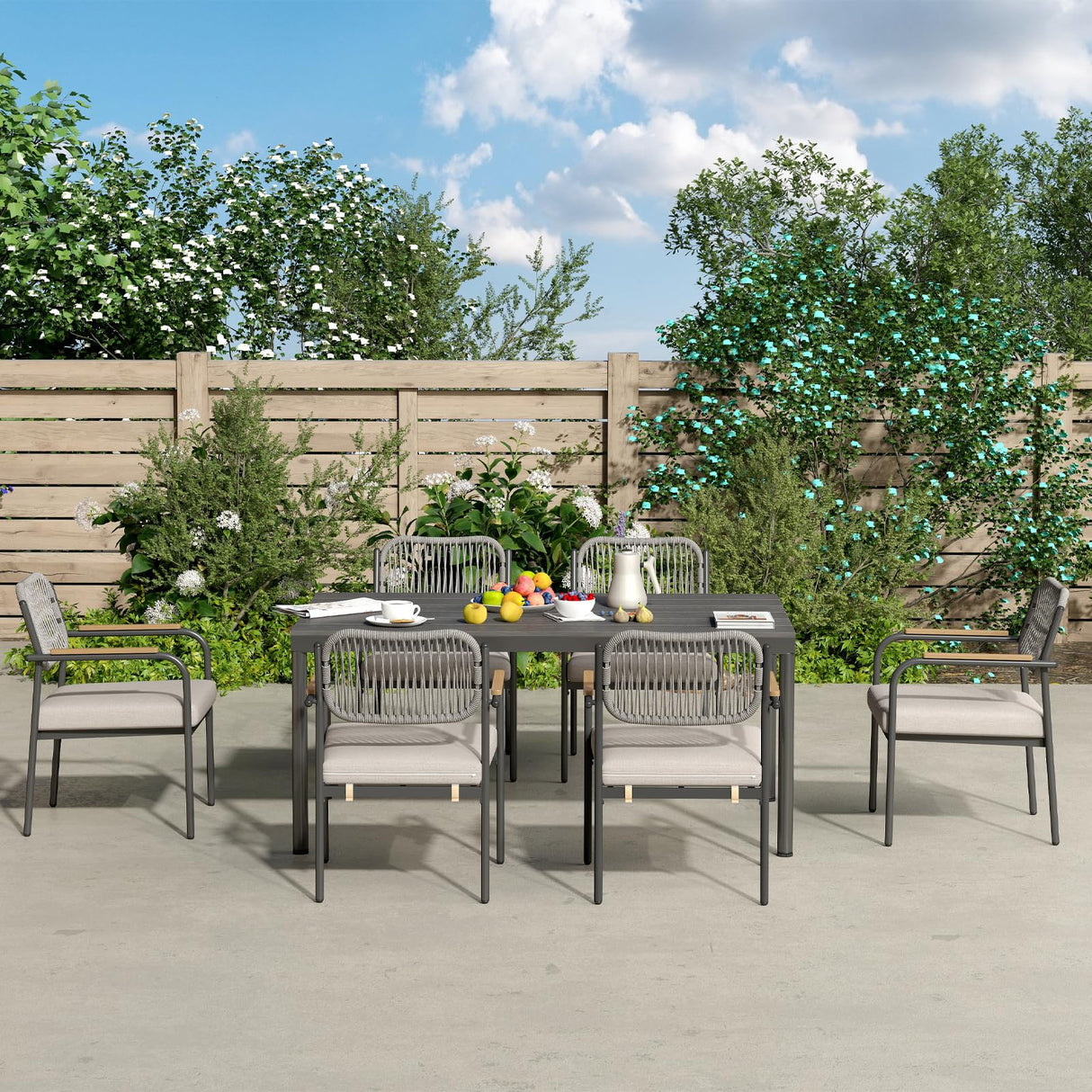 7 Pieces Patio Dining Set, Wicker Outdoor Dining Chairs with Rectangular Table