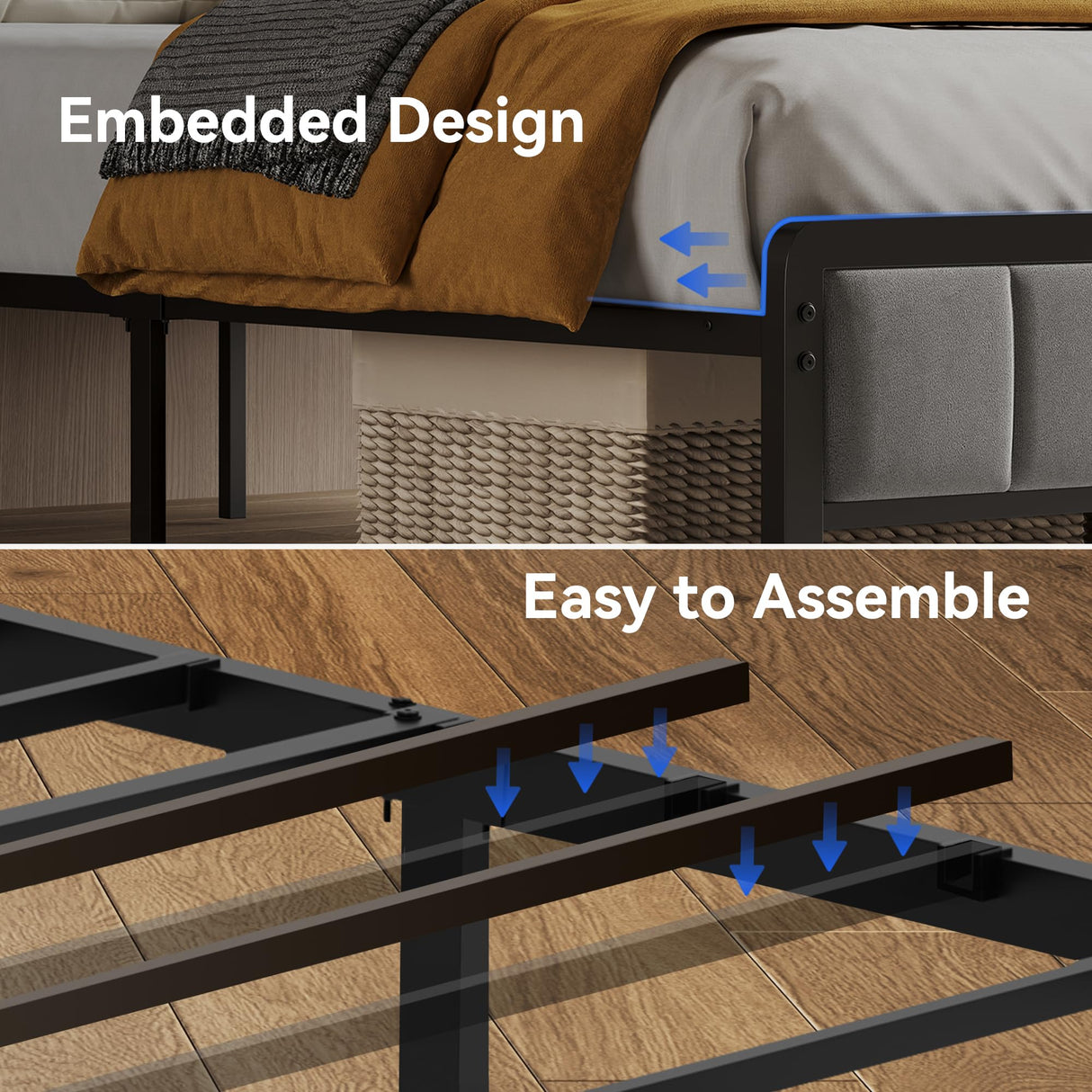Full Size Upholstered Platform Bed with LED Lights and Charging Station