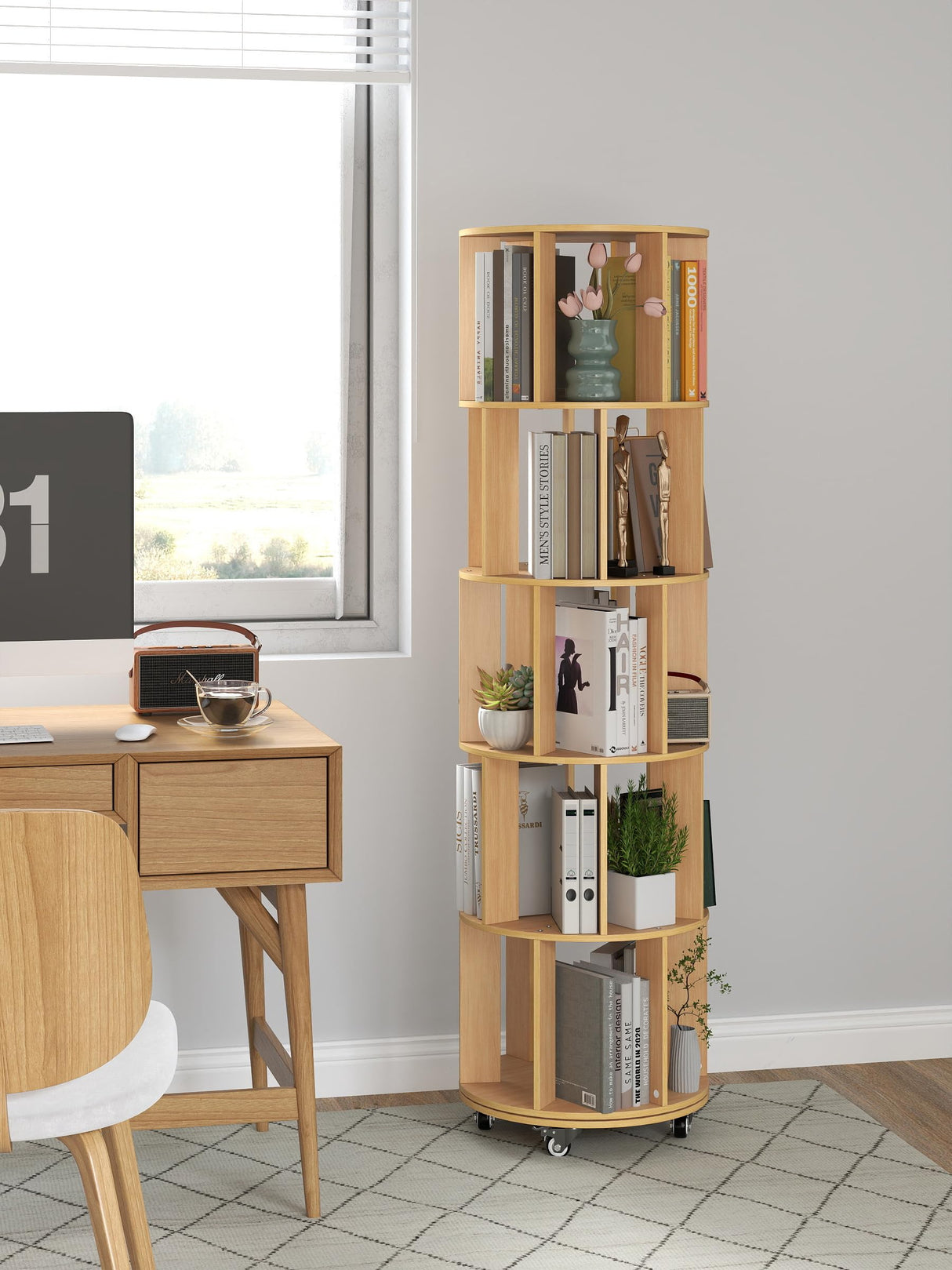 5 Tier Rotating Bookshelf with Wheels 360° Display Stackable Spinning Book shelf